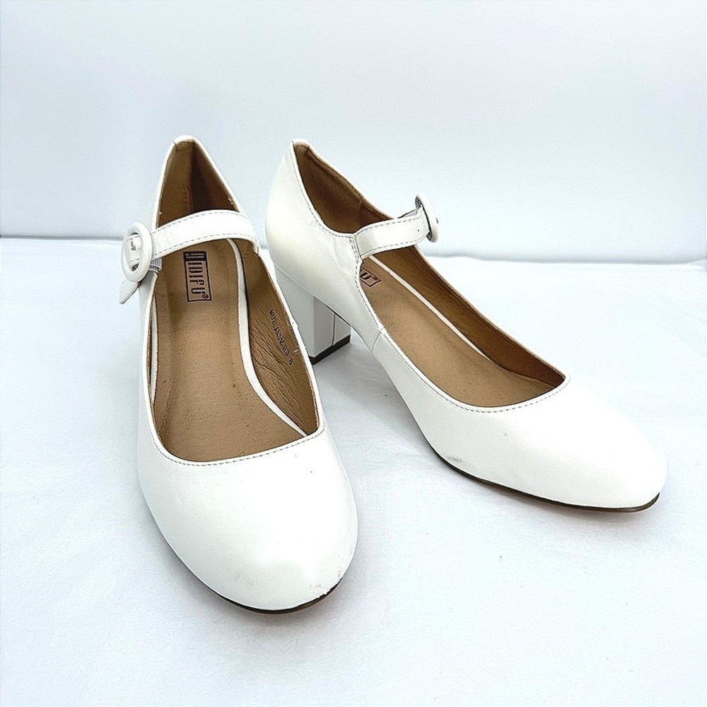 IDIFU Mary Jane Pumps White Block Heel Buckle Strap Retro Classic Size 8
